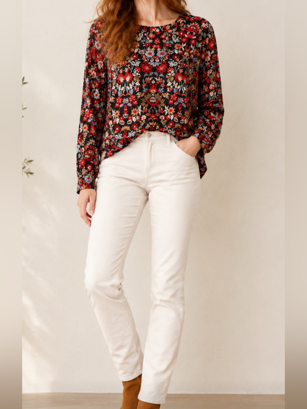 LOFT sz S Black Floral Long-Sleeve Tee - Red, black & Cream Like New